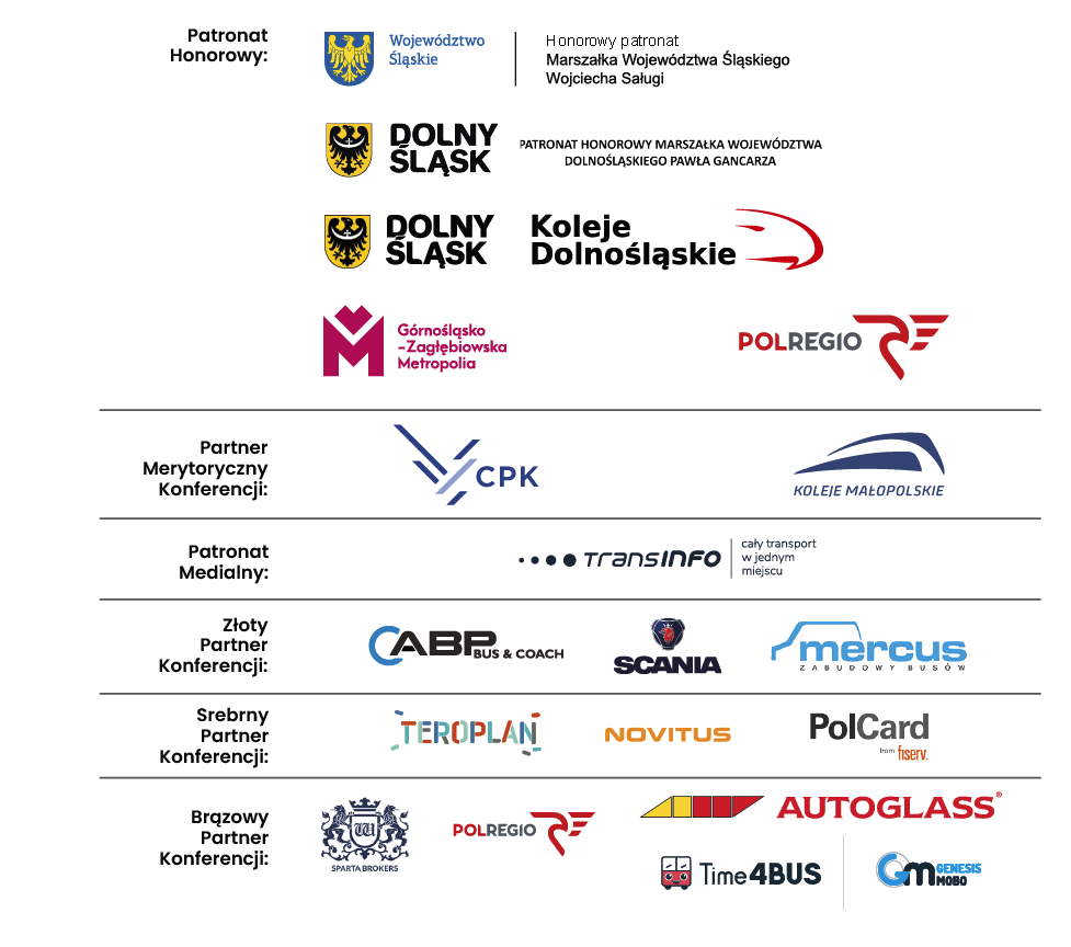 Patroni Honorowi:
Marszałek Województwa Śląskiego Wojciech Saługa, Marszałęk Województwa Dolnośląskiego Paweł Gancarz, Koleje Dolnośląskie, Górnośląsko-Zagłębiowska Metropolia, Polregio.

Partnerzy merytoryczni konferencji: CPK, Koleje Małopolskie.

Patronat Medialny: Transinfo.

Złoty Partner Konferencji: ABP Bus&Coach, Scania, Mercus Zabudowy Busów.

Srebrny Partner Konferencji: Teroplan, Novitus, PolCard from fiserv.

Brązowy Partner Konferencji: PolRegio, Autoglass, Time4Bus-GenesisMobo.